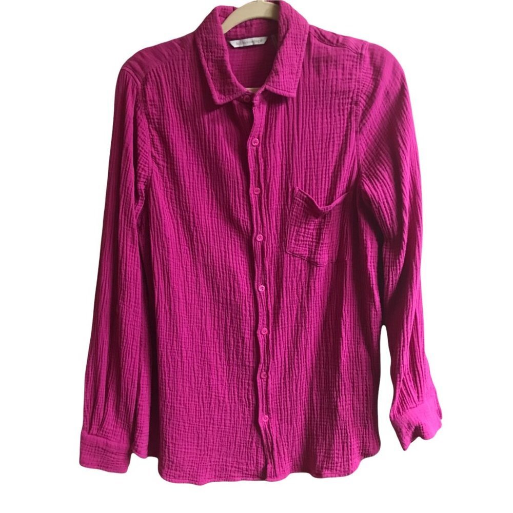 Soft Surroundings Women Medium Button Front Roll Tab Sleeve 100% Cotton Blouse